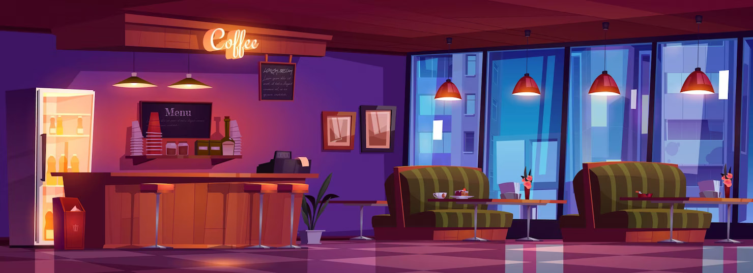 Animationsfilm — Café mit Holztheke, Hockern, Sofas und Tischen